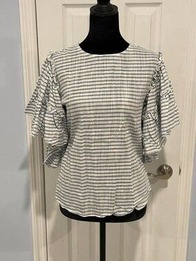 Who What Wear Women's Blue White Striped Tiered Ruffle Short Sleeve Top XS NWT